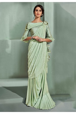 Pista green lycra party wear saree with frill sleeve  5313